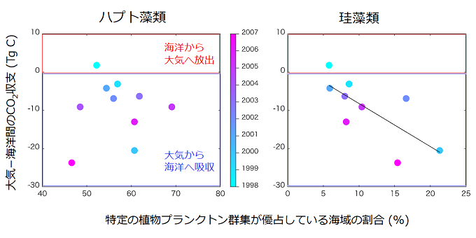 大気−海洋間のCO2収支と優占する植物プランクトン群集の関係の図