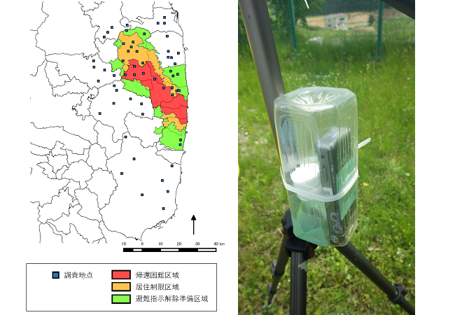 調査地点を示した地図とと録音装置の写真