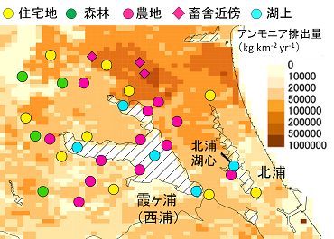 霞ヶ浦流域におけるアンモニア排出量の推計マップ（EAGrid2000データセット）とサンプリング地点の図