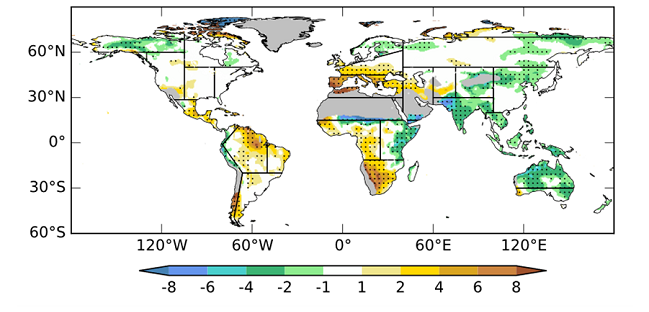 乾燥度指数の相対差分（（2℃上昇時－1.5℃上昇時）／1.5℃上昇時、%）の図