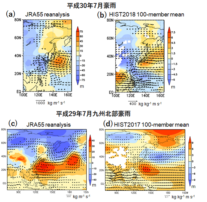 平成30年７月豪雨と平成29年７月九州北部豪雨の際における下層の水蒸気の流れの図