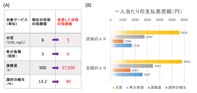 左はアンケート調査のシナリオに用いた現在の状態および改善した状態を示す各生態系サービスの値と単位、右はアンケート調査から算出した各生態系サービスの改善に対する支払意思額の図