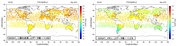 GOSAT FTSデータからフルフィジクス法で求めた2019年5月の二酸化炭素とメタンのカラム平均濃度の全球分布図（クリックして拡大表示）