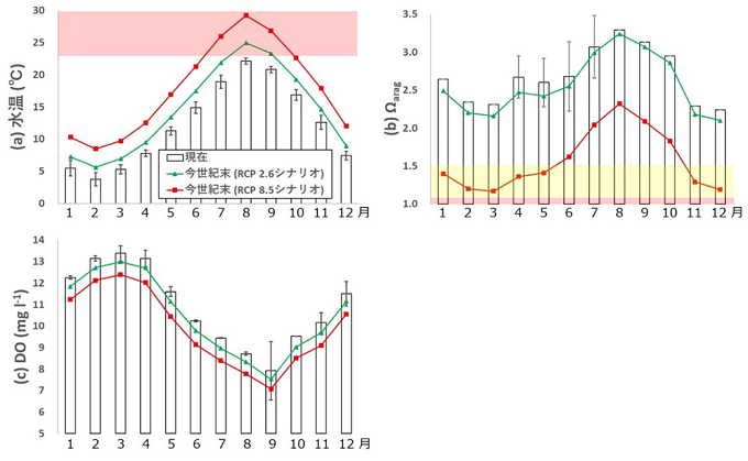 水温，大気CO2濃度，溶存無機炭素濃度等の現在と今世紀末を想定した値を境界条件として与えて領域海洋モデルを駆動して得られた水温，Ωarag値，溶存酸素濃度の月平均の結果