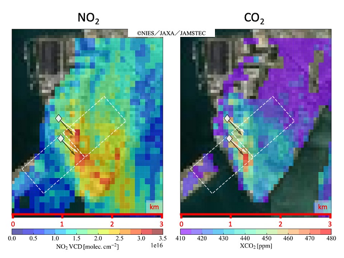 火力発電所上空のNO2鉛直カラム量(左)とXCO2値(右)のメッシュプロット図