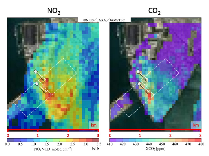 火力発電所上空のNO2鉛直カラム量（左）とXCO2値（右）のメッシュプロット図