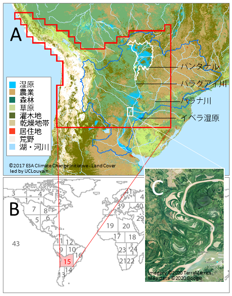 南米亜熱帯地域の土地利用分布の図と、GOSATレベル4メタン収支推定地域の境界線の図