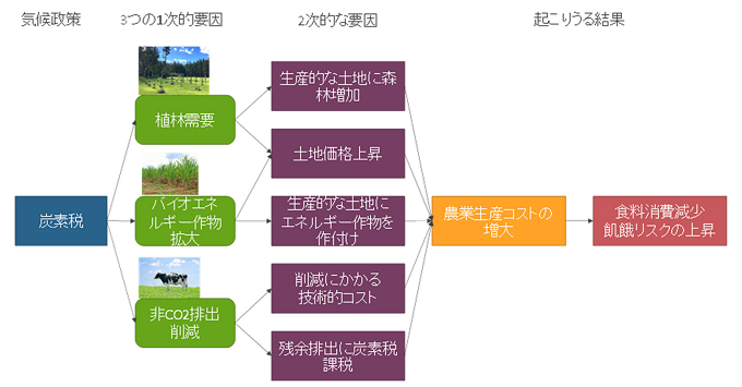 気候政策として炭素税が農業・土地利用部門にかかった時に起こりうる事象を表した図