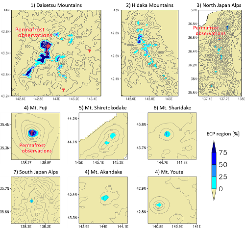 Distribution of regions with surface air temperatures that favor the maintenance of permafrost in Japan under the current climate conditions