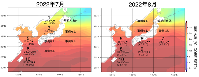 観測された月平均海面水温と極端海洋昇温イベントの例：2022年7月と2022年8月の図