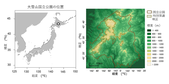 大雪山国立公園の位置（左）と周辺地域（右）の図