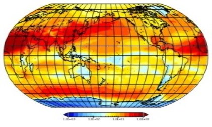 大気シミュレーションモデル(NICAM-Chem)で計算したエアロゾルの全球年平均分布図の画像